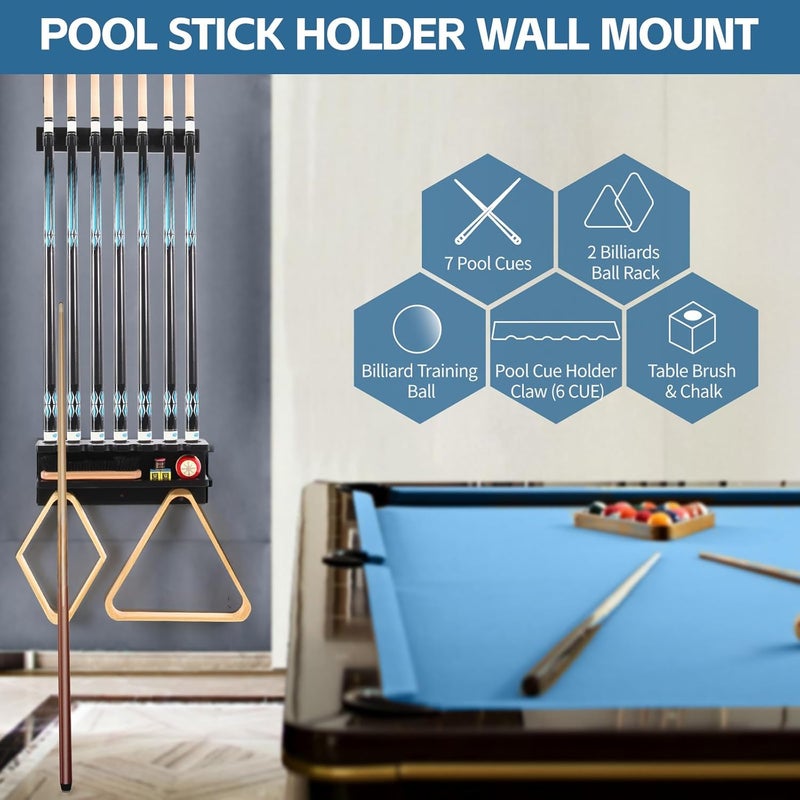 Onemacc Pool Stick Holder Wall Mount, Solid Wood Billiards Cue Rack for 7 Sticks, Claw Wall Mount for Billiards Decor, Accessories, Black - Image 2